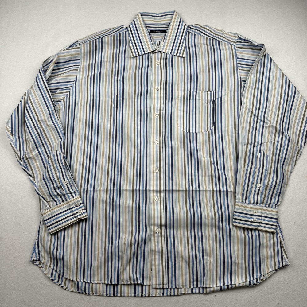 Burberry London Shirt Mens 17.5 Blue Stripe Button Down Made USA Long Sleeve - Picture 3 of 8